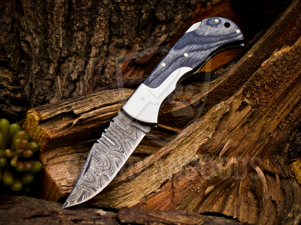 Personalized Handmade 6.75"Damascus Steel Pocket Knife, Folding EDC Hunting Knife, Wood Handle, Groomsmen Gift With Leather Sheath