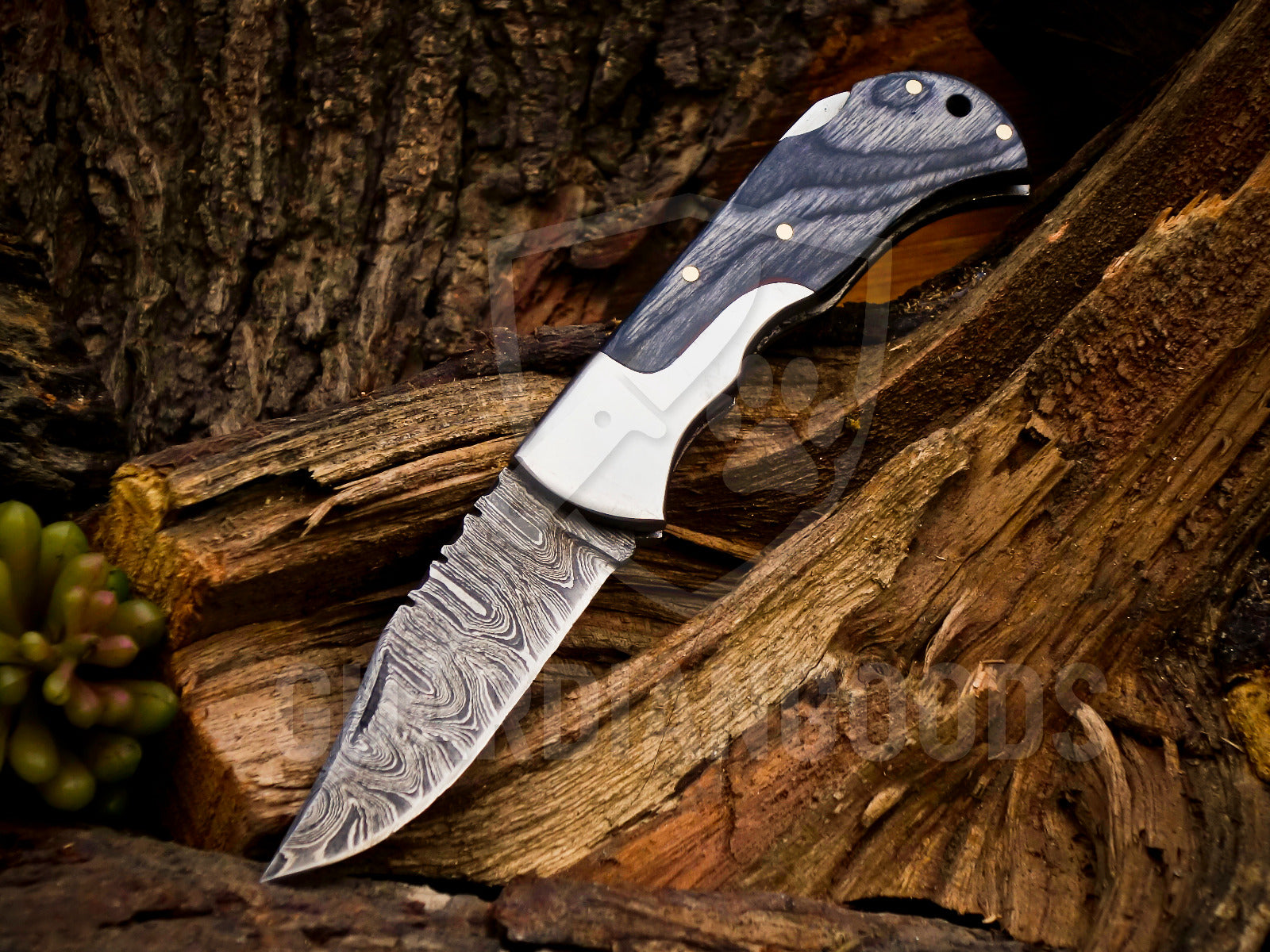 Personalized Handmade 6.75"Damascus Steel Pocket Knife, Folding EDC Hunting Knife, Wood Handle, Groomsmen Gift With Leather Sheath