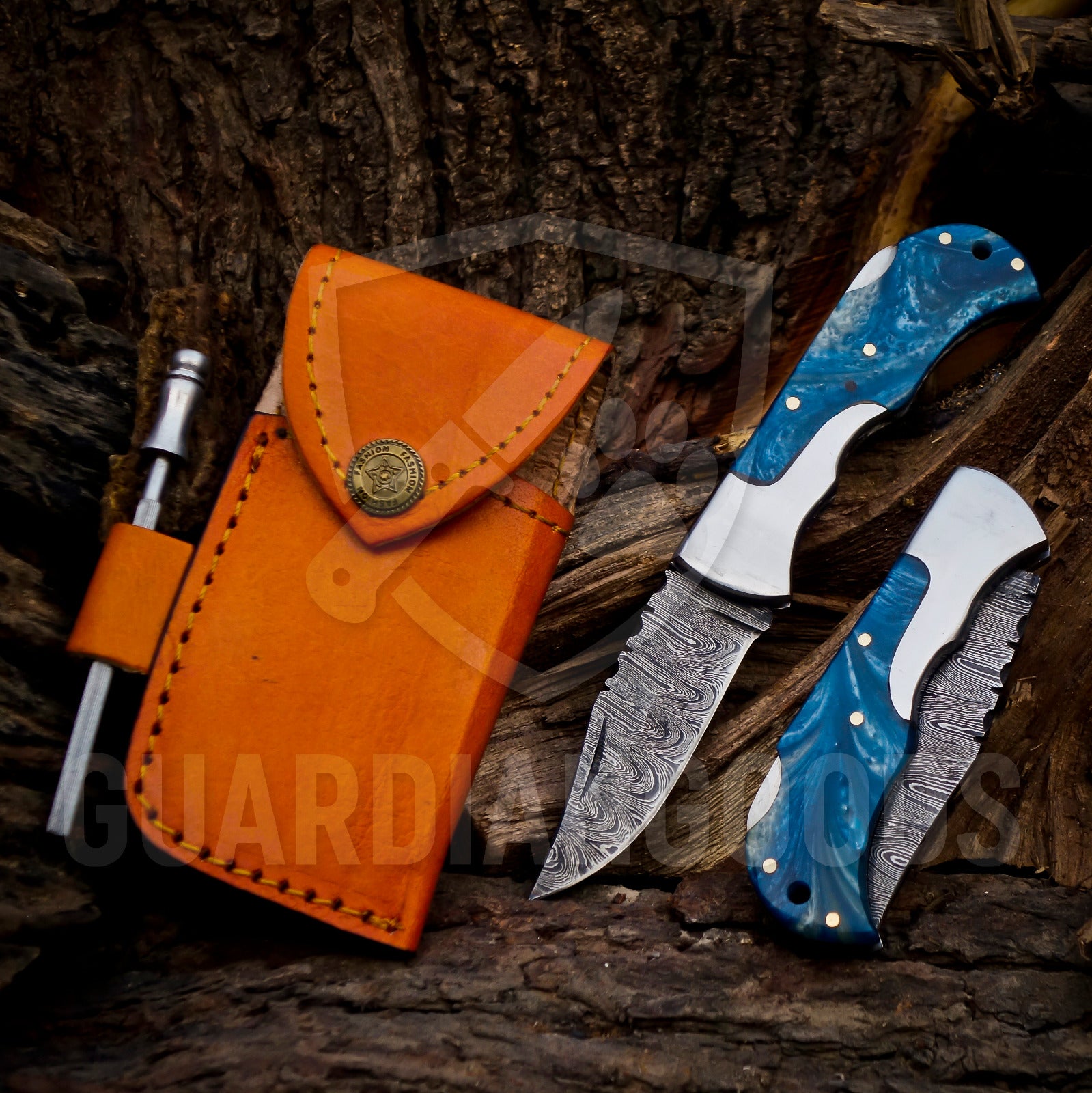 Personalized Handmade 6.75"Damascus Steel Pocket Knife, Folding EDC Hunting Knife, Wood Handle, Groomsmen Gift With Leather Sheath (Copy)
