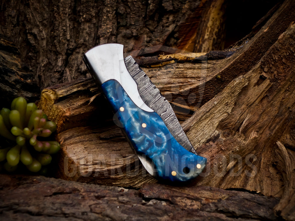 Personalized Handmade 6.75"Damascus Steel Pocket Knife, Folding EDC Hunting Knife, Wood Handle, Groomsmen Gift With Leather Sheath (Copy)