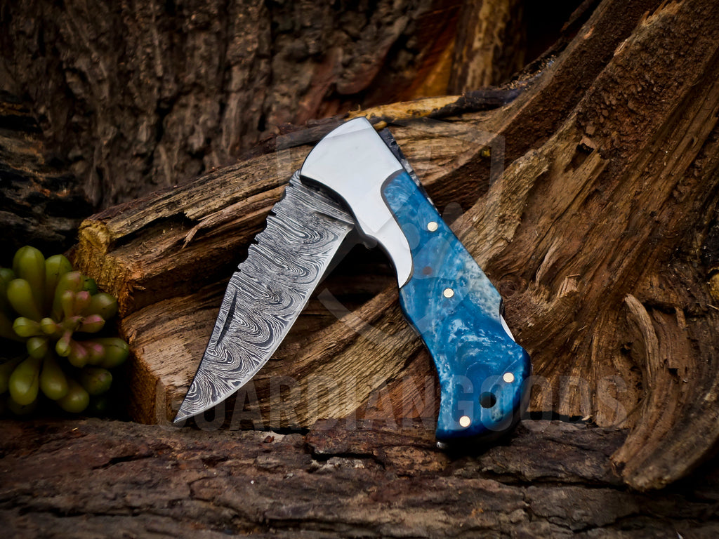 Personalized Handmade 6.75"Damascus Steel Pocket Knife, Folding EDC Hunting Knife, Wood Handle, Groomsmen Gift With Leather Sheath (Copy)
