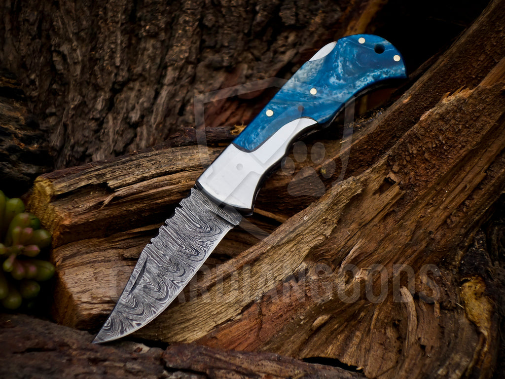 Personalized Handmade 6.75"Damascus Steel Pocket Knife, Folding EDC Hunting Knife, Wood Handle, Groomsmen Gift With Leather Sheath (Copy)