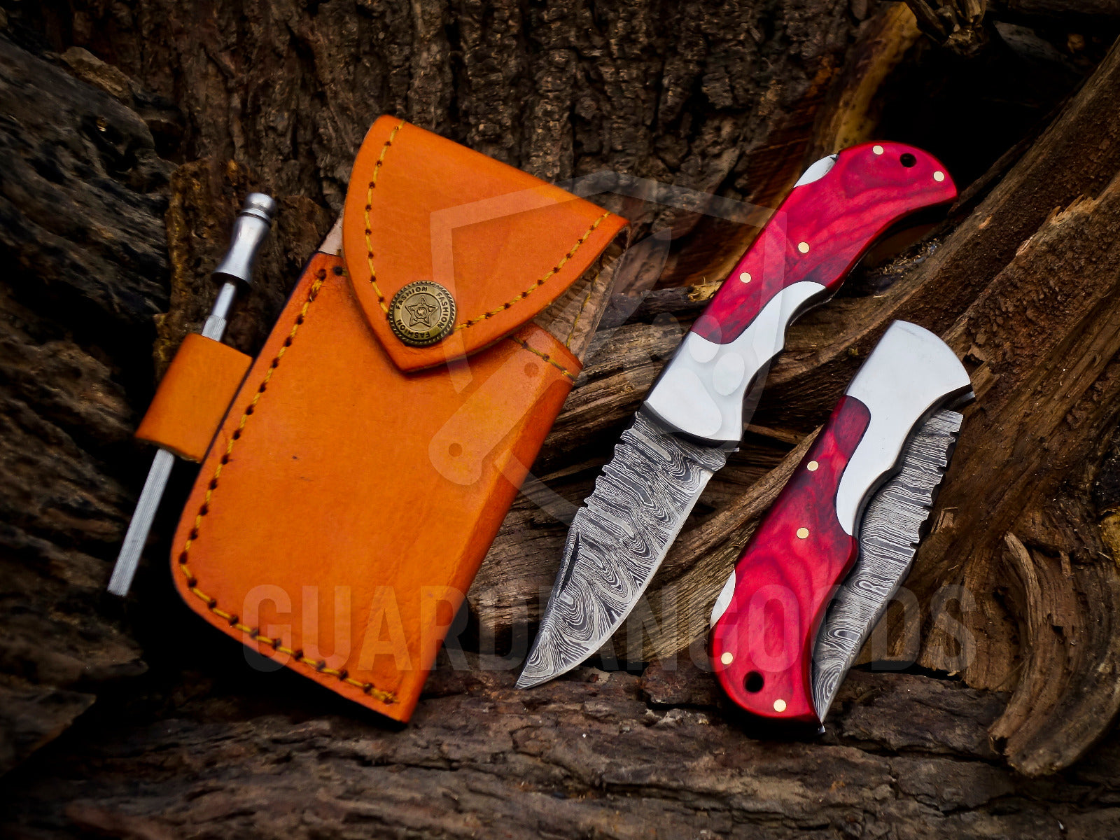 Personalized Handmade 6.75"Damascus Steel Pocket Knife, Folding EDC Hunting Knife, Wood Handle, Groomsmen Gift With Leather Sheath