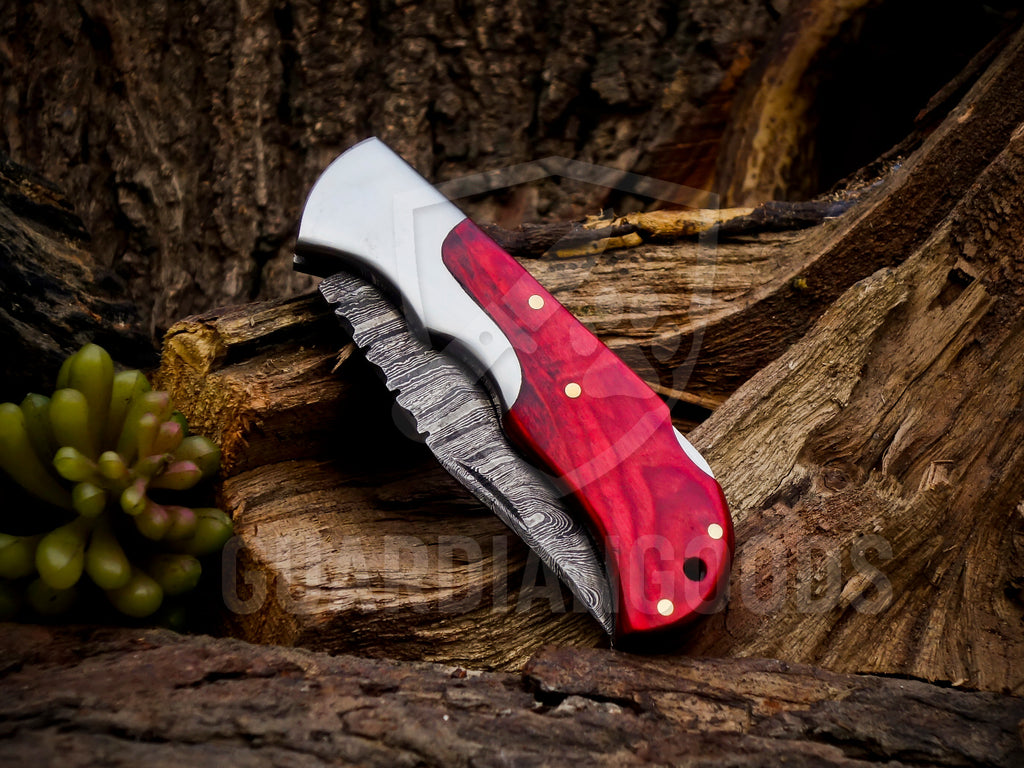 Personalized Handmade 6.75"Damascus Steel Pocket Knife, Folding EDC Hunting Knife, Wood Handle, Groomsmen Gift With Leather Sheath