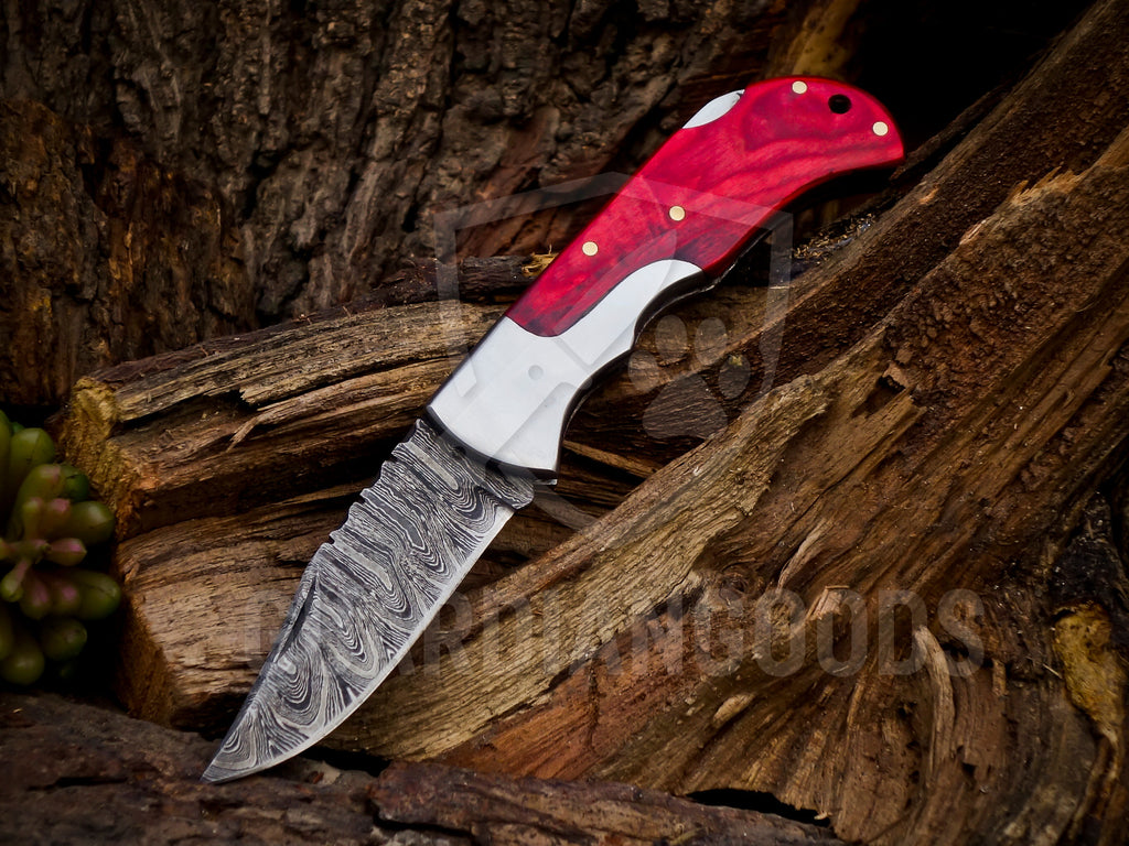 Personalized Handmade 6.75"Damascus Steel Pocket Knife, Folding EDC Hunting Knife, Wood Handle, Groomsmen Gift With Leather Sheath