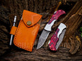 Personalized Handmade 6.75"Damascus Steel Pocket Knife, Folding EDC Hunting Knife, Wood Handle, Groomsmen Gift With Leather Sheath
