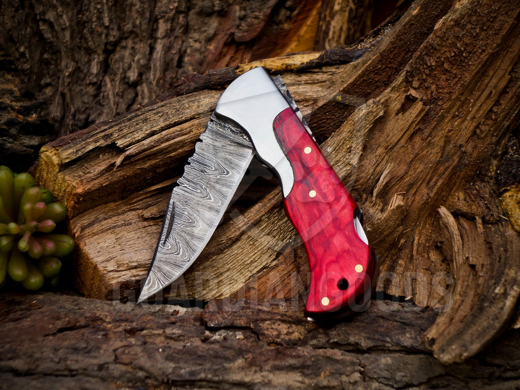 Personalized Handmade 6.75"Damascus Steel Pocket Knife, Folding EDC Hunting Knife, Wood Handle, Groomsmen Gift With Leather Sheath