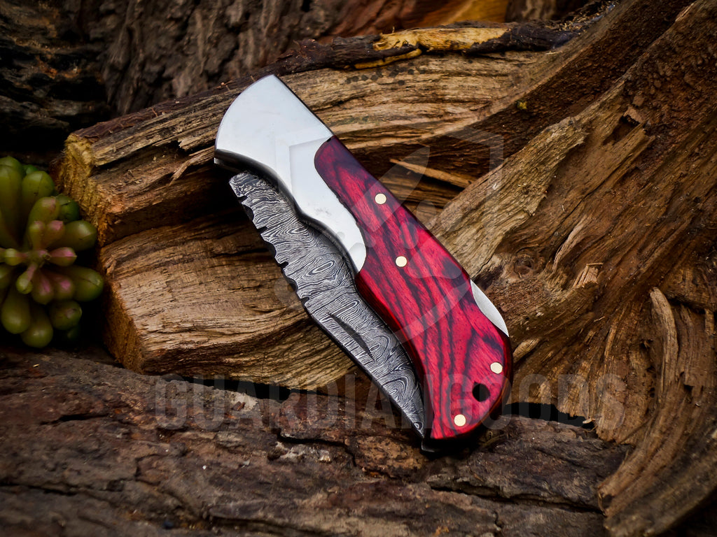 Personalized Handmade 6.75"Damascus Steel Pocket Knife, Folding EDC Hunting Knife, Wood Handle, Groomsmen Gift With Leather Sheath