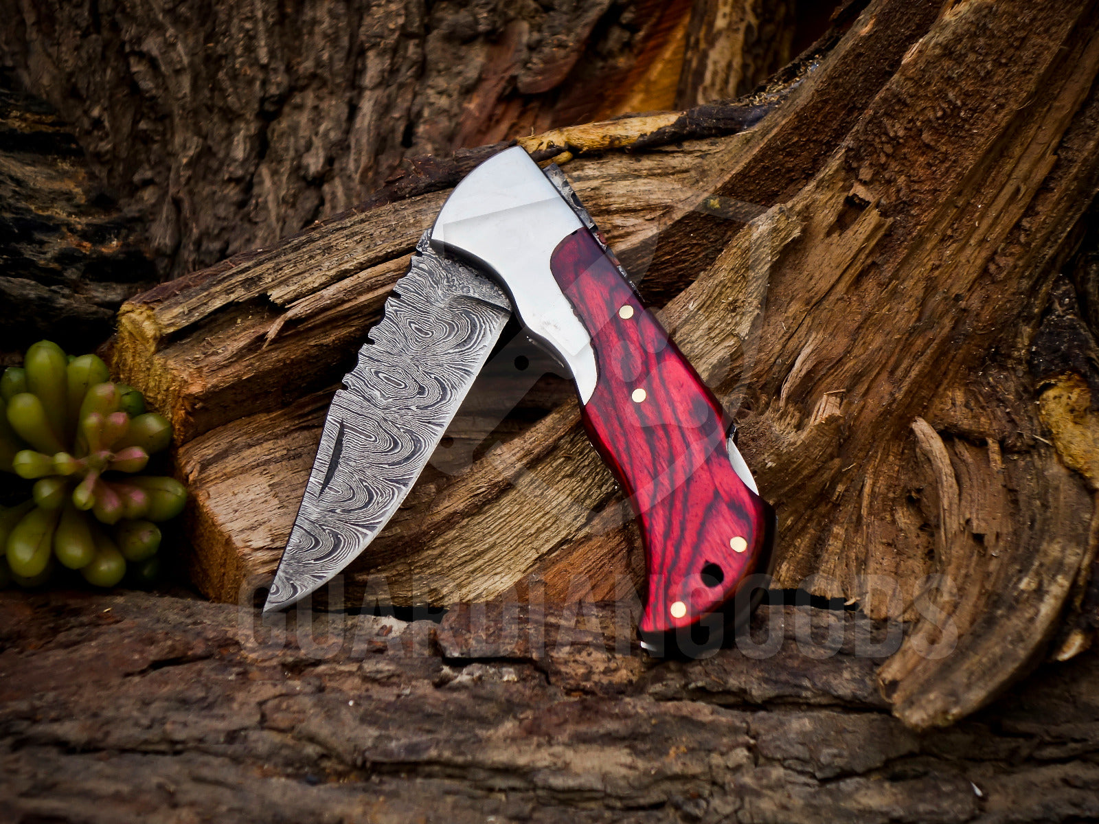 Personalized Handmade 6.75"Damascus Steel Pocket Knife, Folding EDC Hunting Knife, Wood Handle, Groomsmen Gift With Leather Sheath