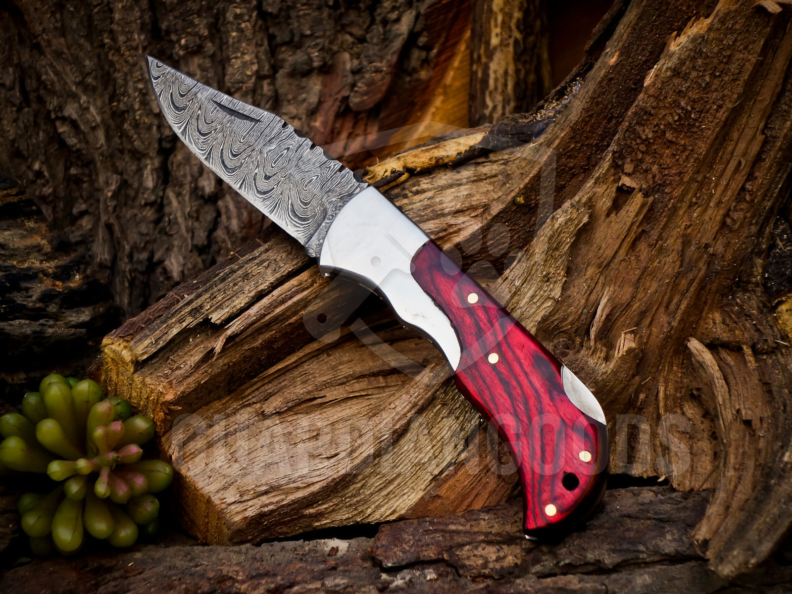 Personalized Handmade 6.75"Damascus Steel Pocket Knife, Folding EDC Hunting Knife, Wood Handle, Groomsmen Gift With Leather Sheath