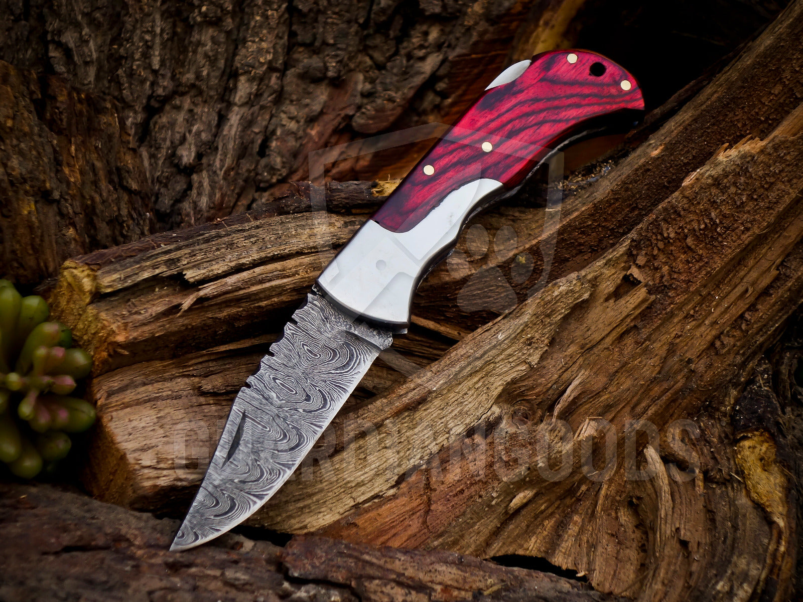 Personalized Handmade 6.75"Damascus Steel Pocket Knife, Folding EDC Hunting Knife, Wood Handle, Groomsmen Gift With Leather Sheath