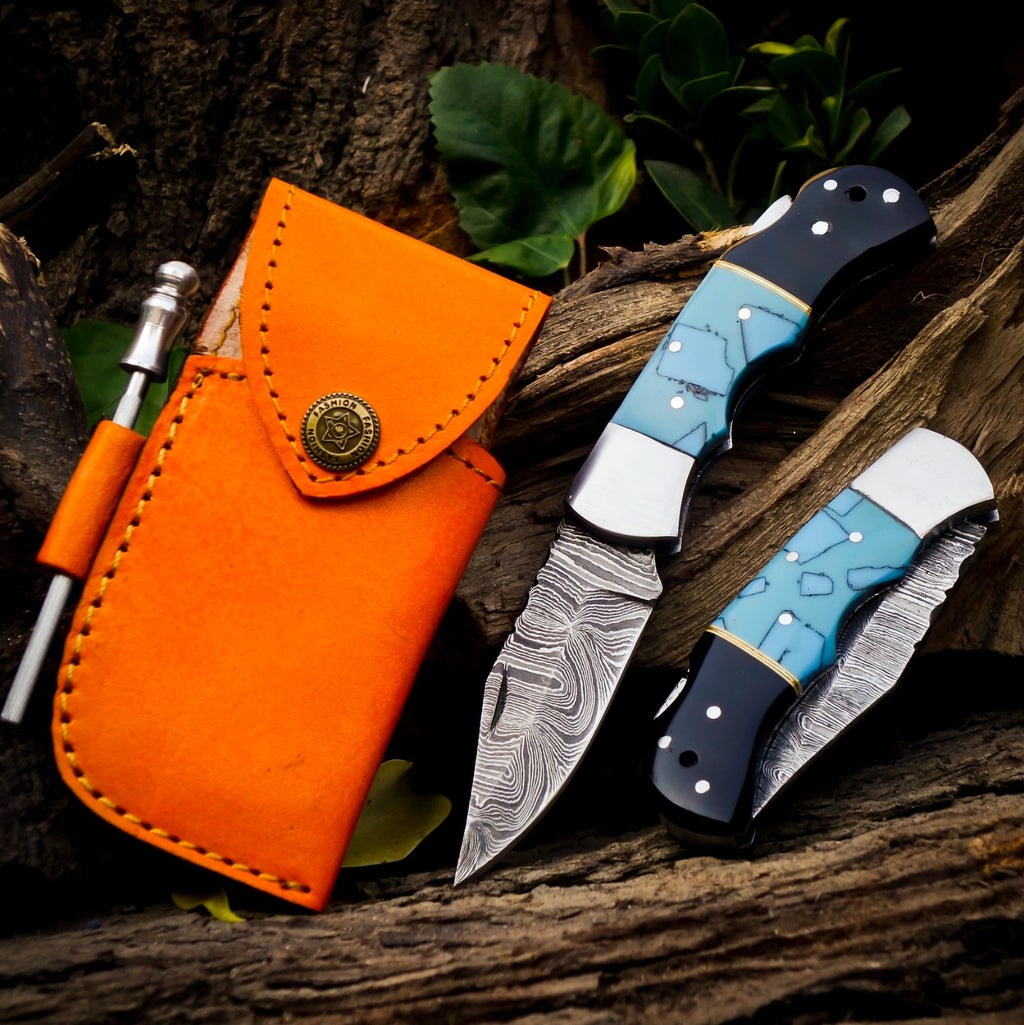 Personalized Handmade 6.75"Damascus Steel Pocket Knife, Folding EDC Hunting Knife, Resin Handle, Groomsmen Gift With Leather Sheath