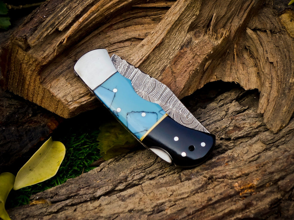 Personalized Handmade 6.75"Damascus Steel Pocket Knife, Folding EDC Hunting Knife, Resin Handle, Groomsmen Gift With Leather Sheath