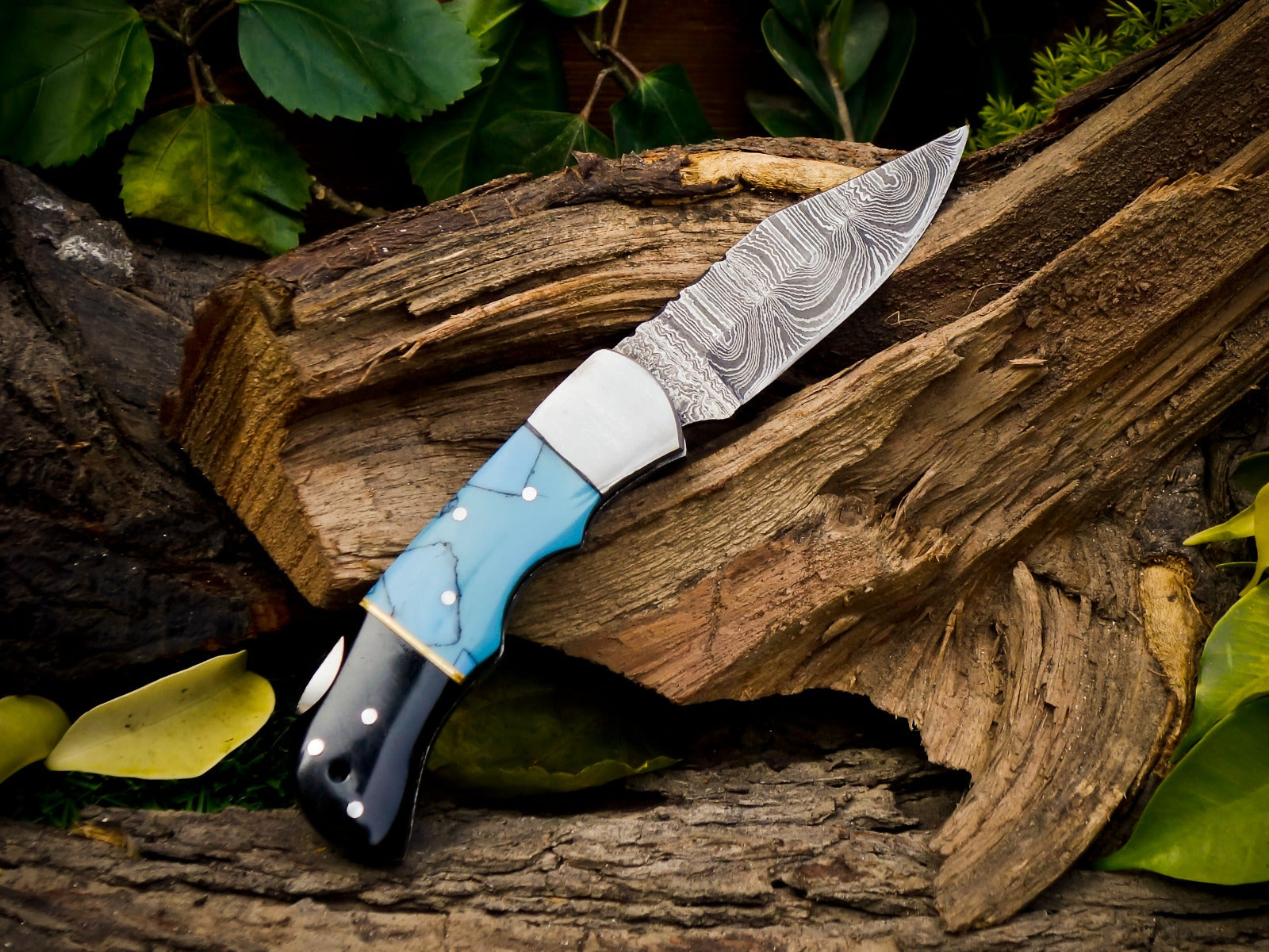 Personalized Handmade 6.75"Damascus Steel Pocket Knife, Folding EDC Hunting Knife, Resin Handle, Groomsmen Gift With Leather Sheath