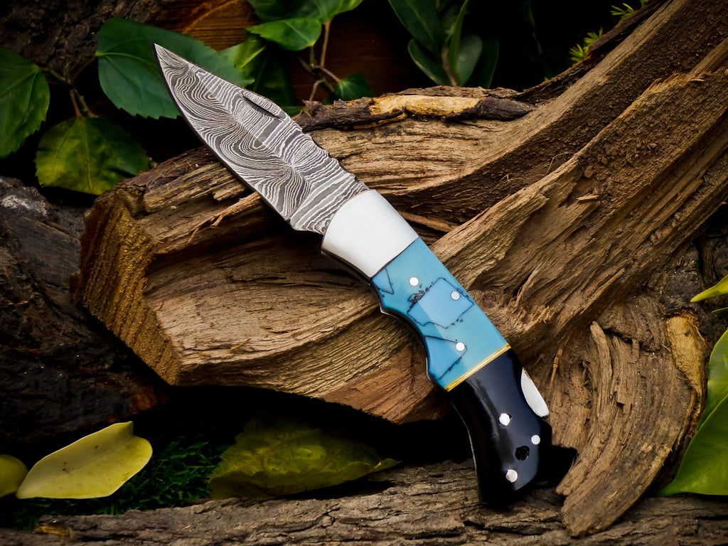 Personalized Handmade 6.75"Damascus Steel Pocket Knife, Folding EDC Hunting Knife, Resin Handle, Groomsmen Gift With Leather Sheath