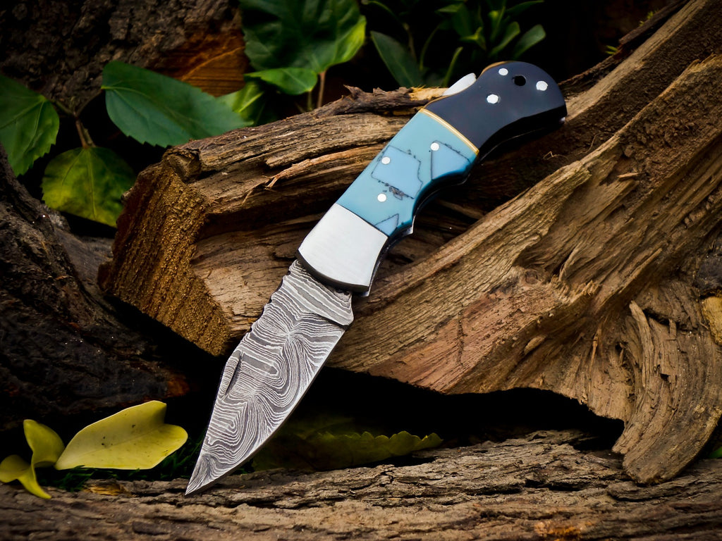 Personalized Handmade 6.75"Damascus Steel Pocket Knife, Folding EDC Hunting Knife, Resin Handle, Groomsmen Gift With Leather Sheath