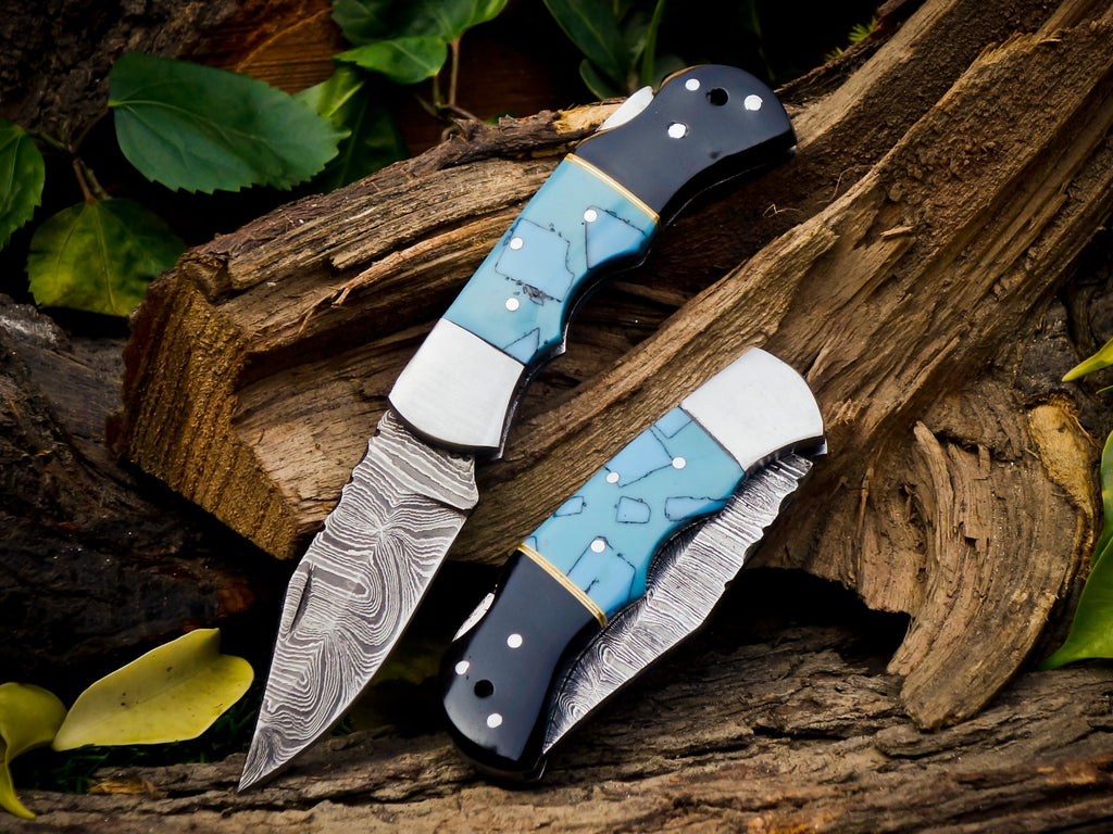 Personalized Handmade 6.75"Damascus Steel Pocket Knife, Folding EDC Hunting Knife, Resin Handle, Groomsmen Gift With Leather Sheath