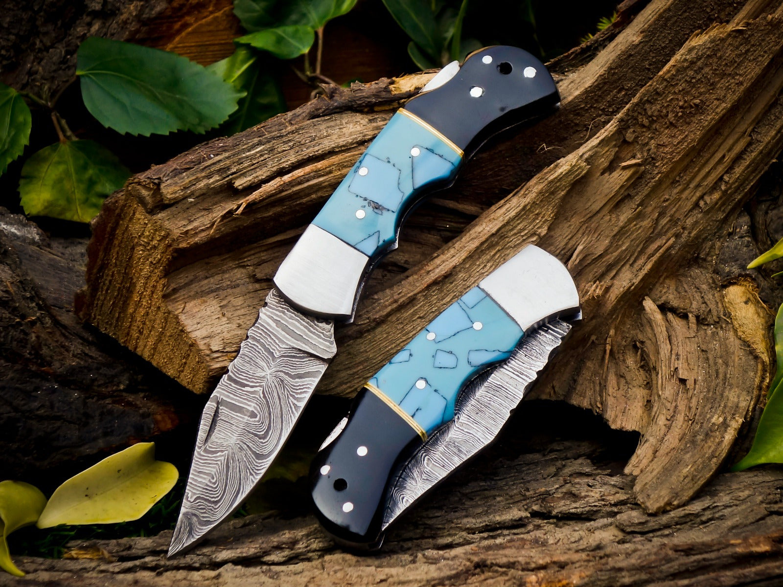 Personalized Handmade 6.75"Damascus Steel Pocket Knife, Folding EDC Hunting Knife, Resin Handle, Groomsmen Gift With Leather Sheath