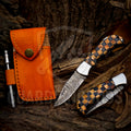 Personalized Handmade 6.75"Damascus Steel Pocket Knife, Folding EDC Hunting Knife, Wood Handle, Groomsmen Gift With Leather Sheath