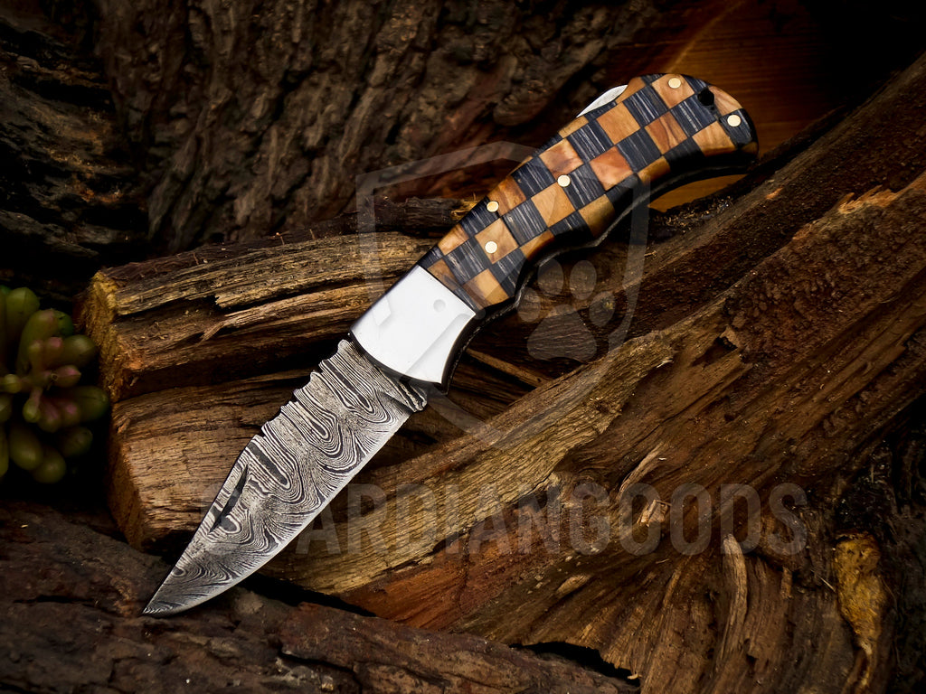 Personalized Handmade 6.75"Damascus Steel Pocket Knife, Folding EDC Hunting Knife, Wood Handle, Groomsmen Gift With Leather Sheath