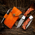Personalized Handmade 6.75"Damascus Steel Pocket Knife, Folding EDC Hunting Knife, Wood Handle, Groomsmen Gift With Leather Sheath