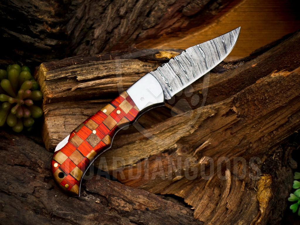 Personalized Handmade 6.75"Damascus Steel Pocket Knife, Folding EDC Hunting Knife, Wood Handle, Groomsmen Gift With Leather Sheath