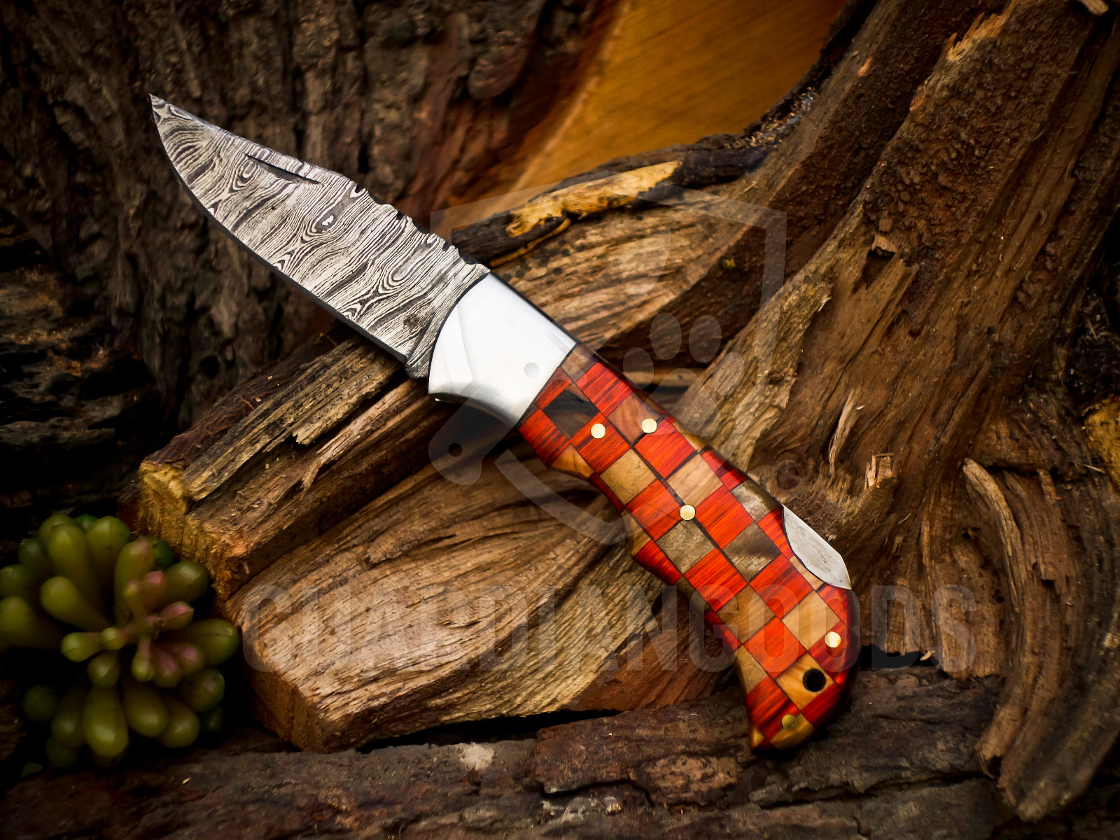 Personalized Handmade 6.75"Damascus Steel Pocket Knife, Folding EDC Hunting Knife, Wood Handle, Groomsmen Gift With Leather Sheath