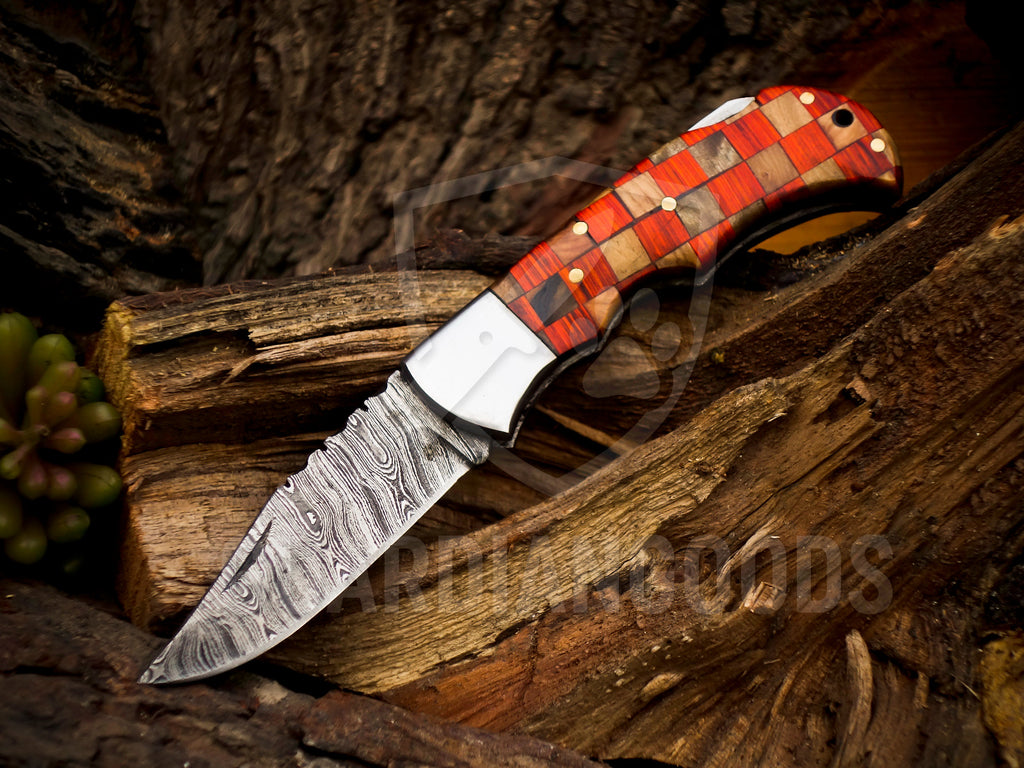 Personalized Handmade 6.75"Damascus Steel Pocket Knife, Folding EDC Hunting Knife, Wood Handle, Groomsmen Gift With Leather Sheath
