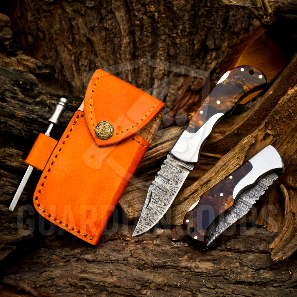 Personalized Handmade 6.75"Damascus Steel Pocket Knife, Folding EDC Hunting Knife, Resin Handle, Groomsmen Gift With Leather Sheath