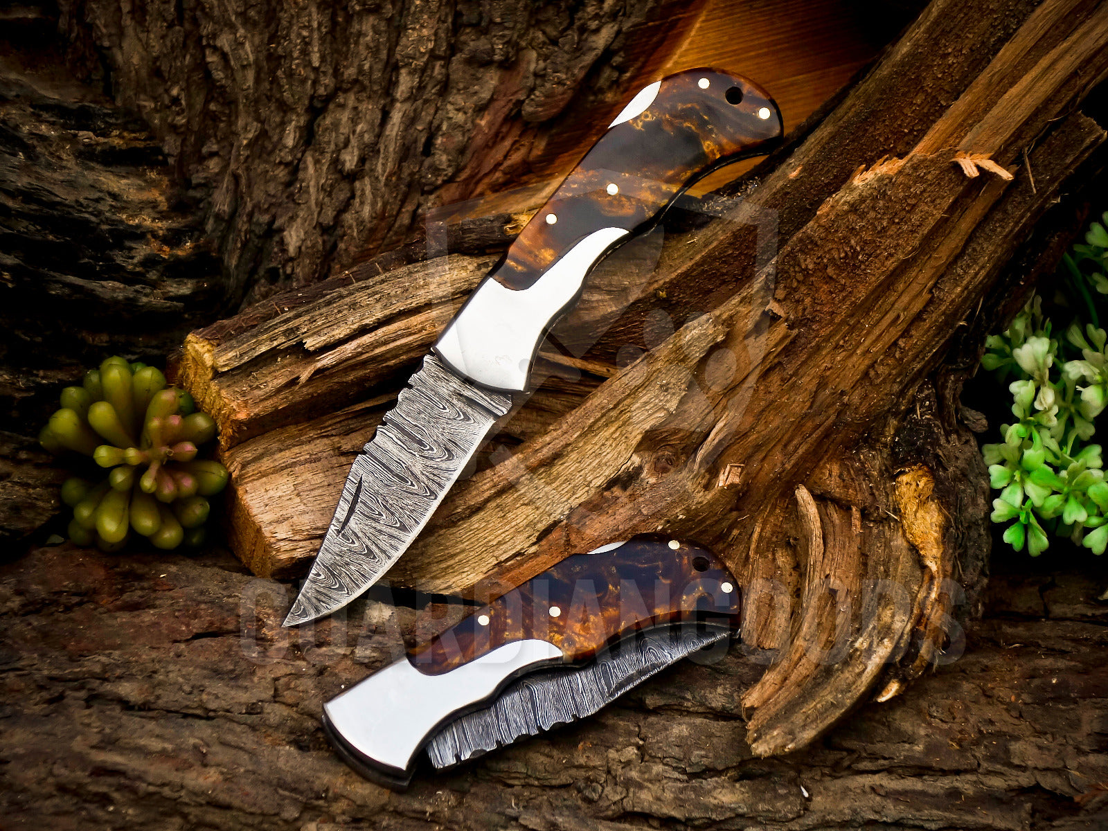 Personalized Handmade 6.75"Damascus Steel Pocket Knife, Folding EDC Hunting Knife, Resin Handle, Groomsmen Gift With Leather Sheath