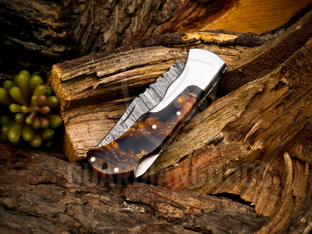 Personalized Handmade 6.75"Damascus Steel Pocket Knife, Folding EDC Hunting Knife, Resin Handle, Groomsmen Gift With Leather Sheath