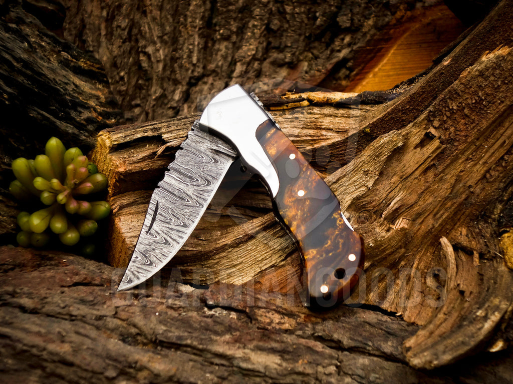 Personalized Handmade 6.75"Damascus Steel Pocket Knife, Folding EDC Hunting Knife, Resin Handle, Groomsmen Gift With Leather Sheath