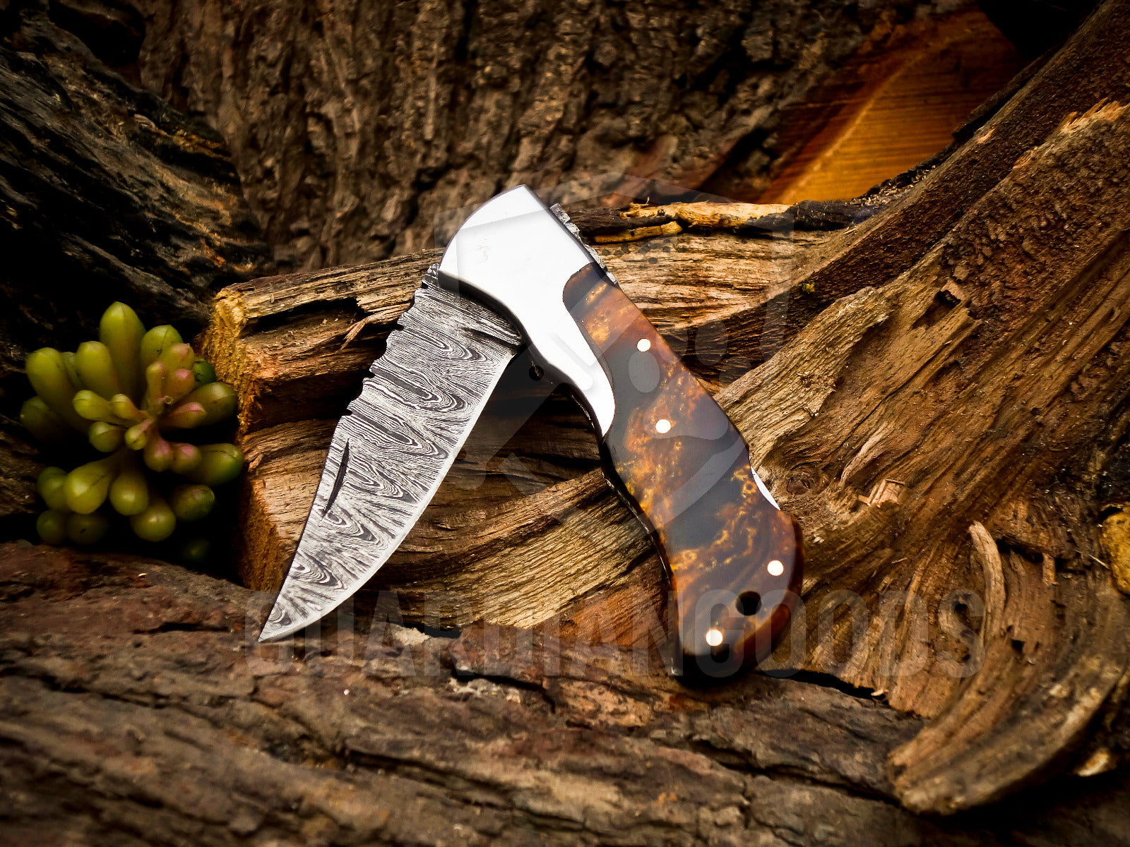 Personalized Handmade 6.75"Damascus Steel Pocket Knife, Folding EDC Hunting Knife, Resin Handle, Groomsmen Gift With Leather Sheath