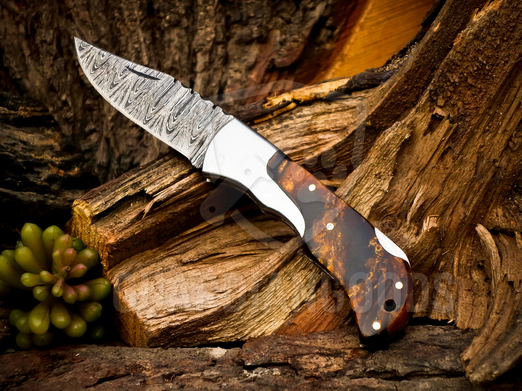 Personalized Handmade 6.75"Damascus Steel Pocket Knife, Folding EDC Hunting Knife, Resin Handle, Groomsmen Gift With Leather Sheath