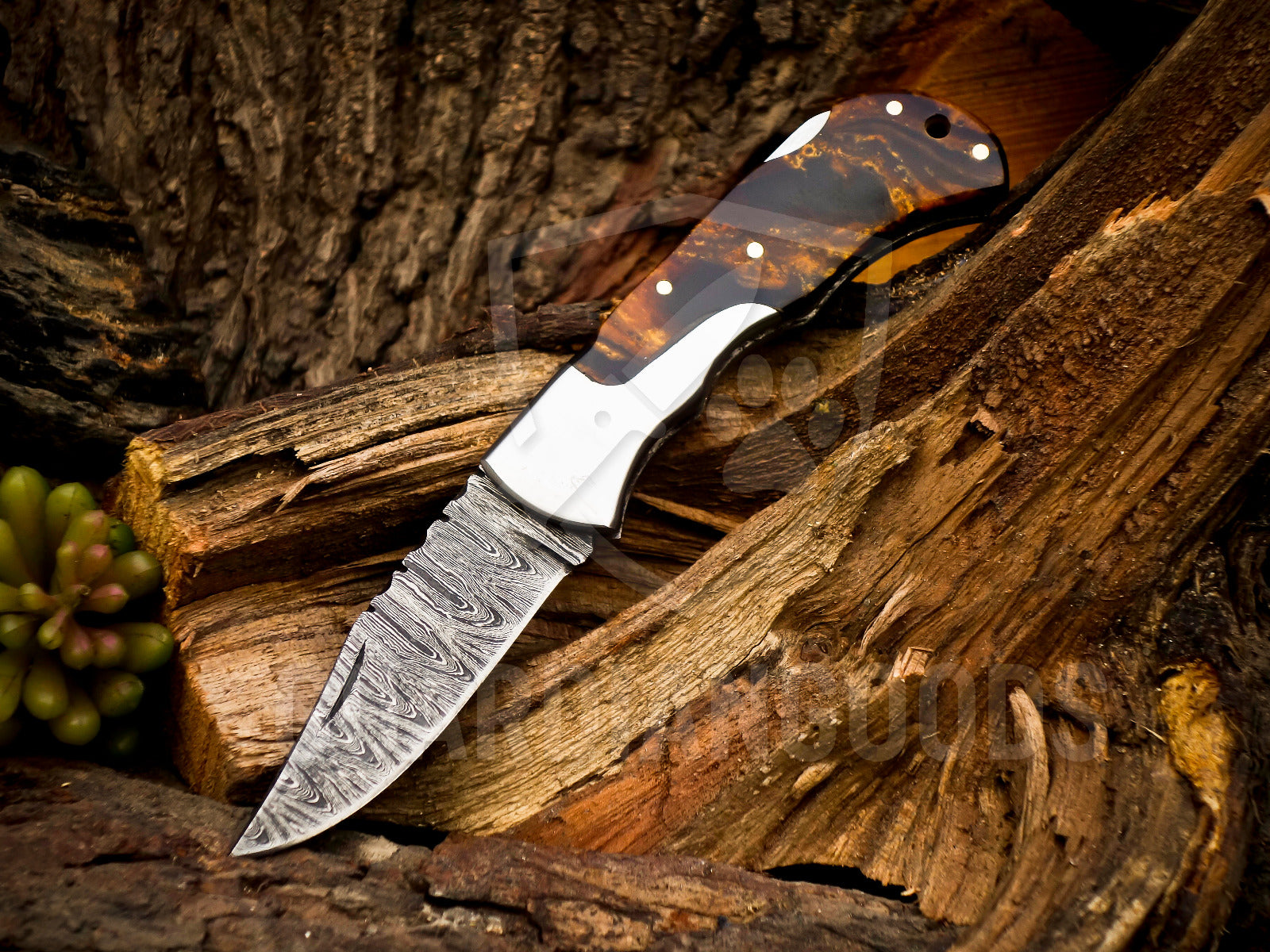 Personalized Handmade 6.75"Damascus Steel Pocket Knife, Folding EDC Hunting Knife, Resin Handle, Groomsmen Gift With Leather Sheath