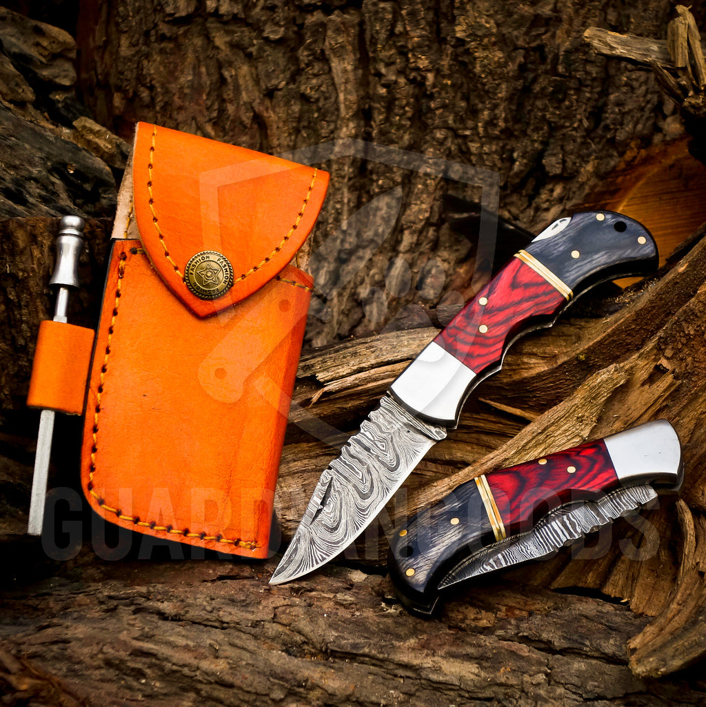 Personalized Handmade 6.75"Damascus Steel Pocket Knife, Folding EDC Hunting Knife, Wood Handle, Groomsmen Gift With Leather Sheath