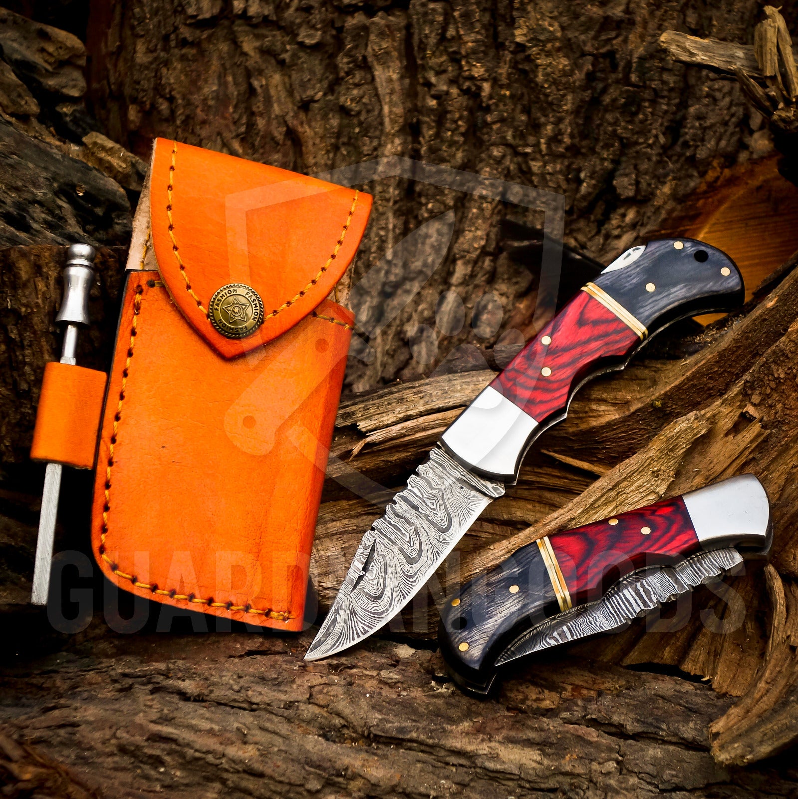 Personalized Handmade 6.75"Damascus Steel Pocket Knife, Folding EDC Hunting Knife, Wood Handle, Groomsmen Gift With Leather Sheath