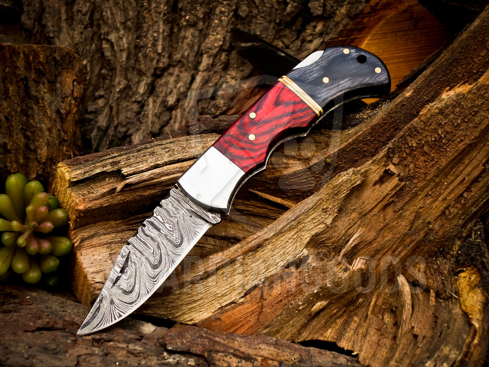 Personalized Handmade 6.75"Damascus Steel Pocket Knife, Folding EDC Hunting Knife, Wood Handle, Groomsmen Gift With Leather Sheath