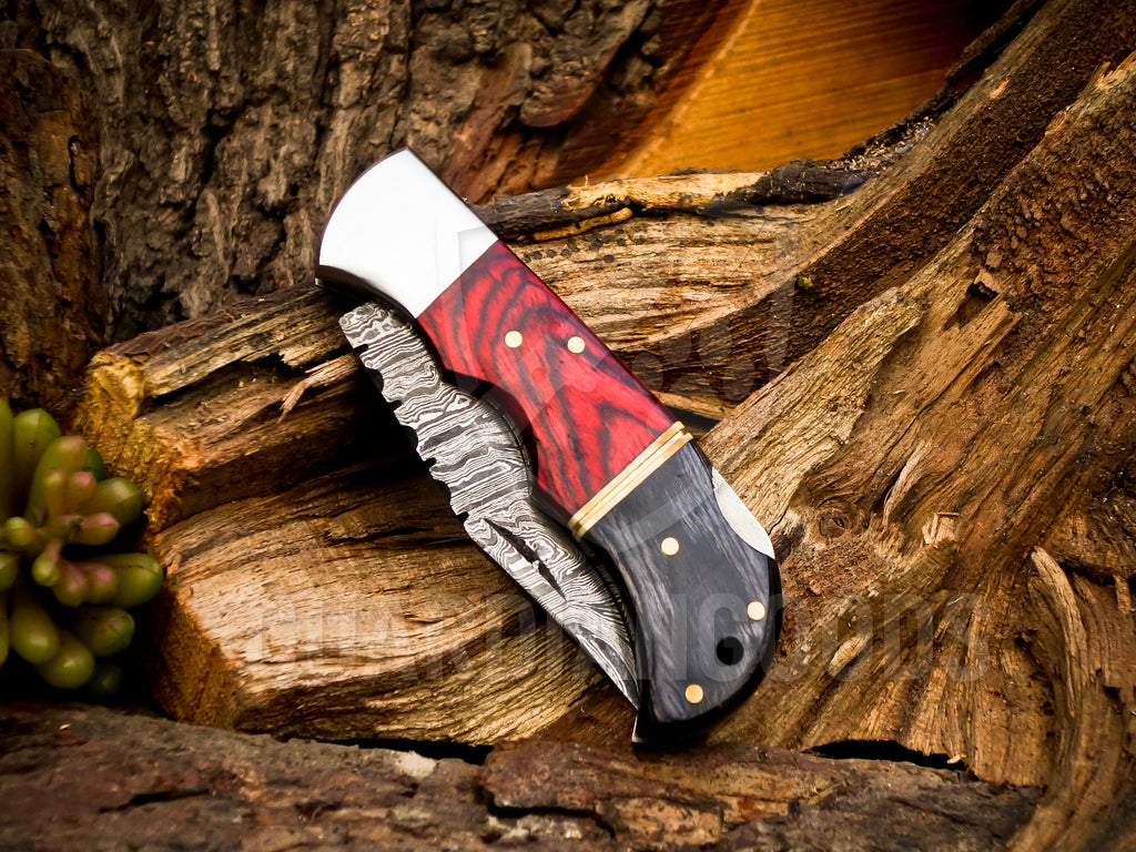 Personalized Handmade 6.75"Damascus Steel Pocket Knife, Folding EDC Hunting Knife, Wood Handle, Groomsmen Gift With Leather Sheath