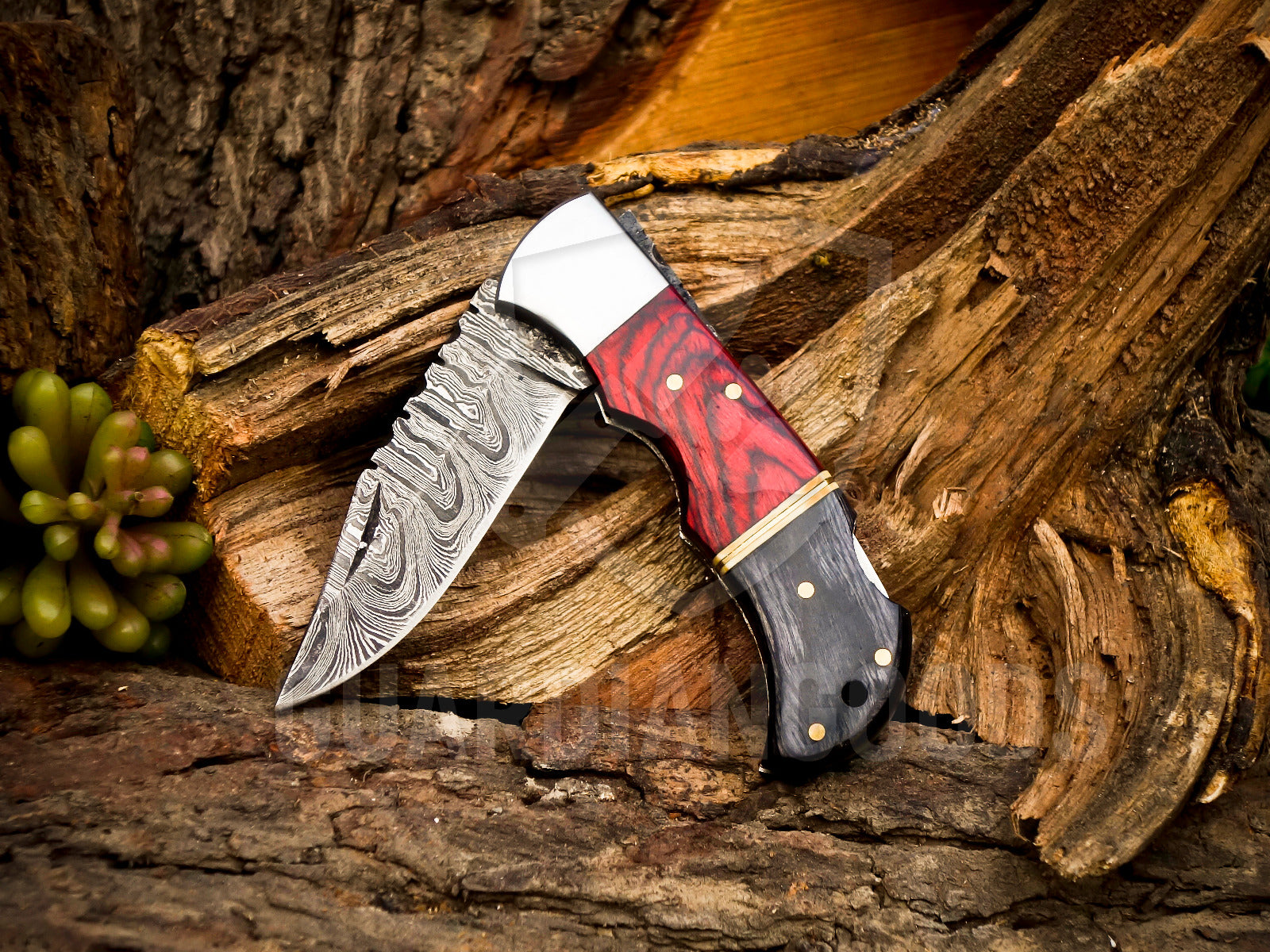 Personalized Handmade 6.75"Damascus Steel Pocket Knife, Folding EDC Hunting Knife, Wood Handle, Groomsmen Gift With Leather Sheath