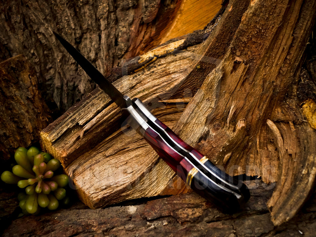 Personalized Handmade 6.75"Damascus Steel Pocket Knife, Folding EDC Hunting Knife, Wood Handle, Groomsmen Gift With Leather Sheath