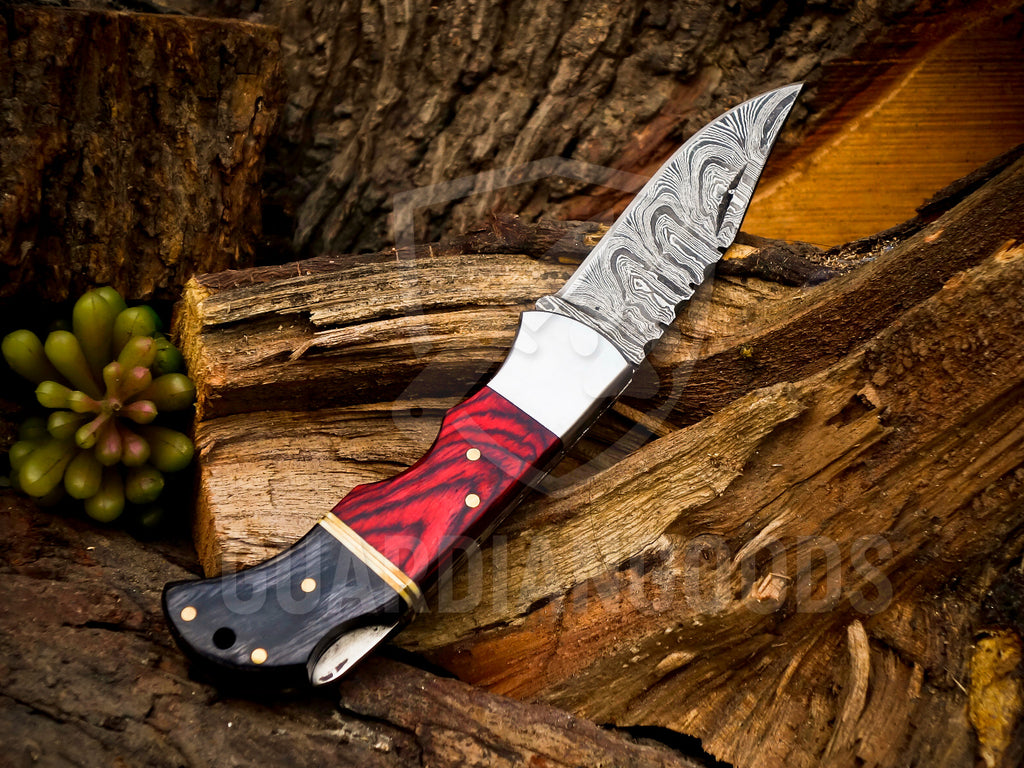 Personalized Handmade 6.75"Damascus Steel Pocket Knife, Folding EDC Hunting Knife, Wood Handle, Groomsmen Gift With Leather Sheath