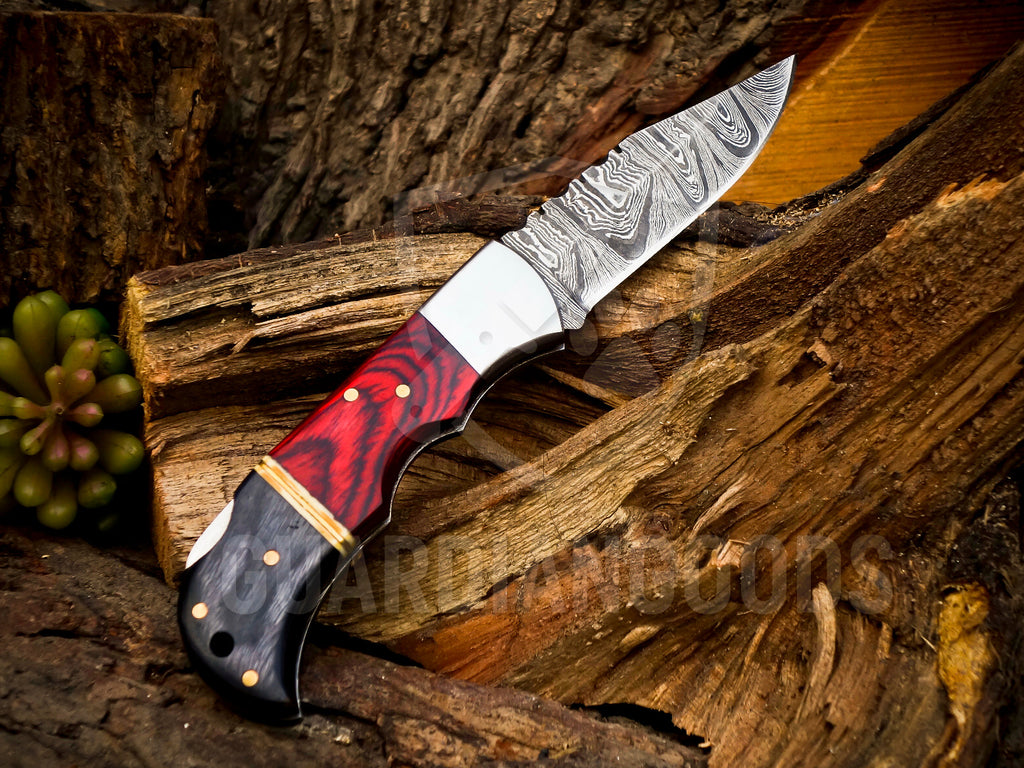 Personalized Handmade 6.75"Damascus Steel Pocket Knife, Folding EDC Hunting Knife, Wood Handle, Groomsmen Gift With Leather Sheath
