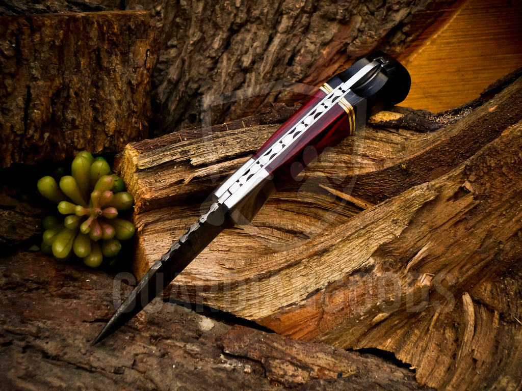 Personalized Handmade 6.75"Damascus Steel Pocket Knife, Folding EDC Hunting Knife, Wood Handle, Groomsmen Gift With Leather Sheath