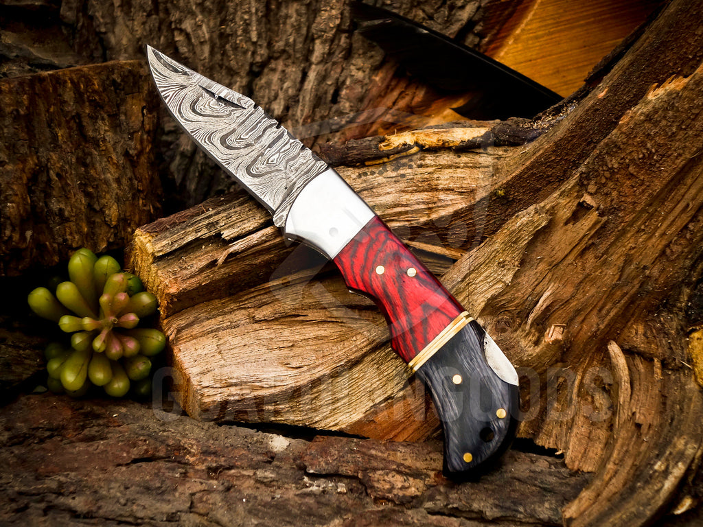 Personalized Handmade 6.75"Damascus Steel Pocket Knife, Folding EDC Hunting Knife, Wood Handle, Groomsmen Gift With Leather Sheath