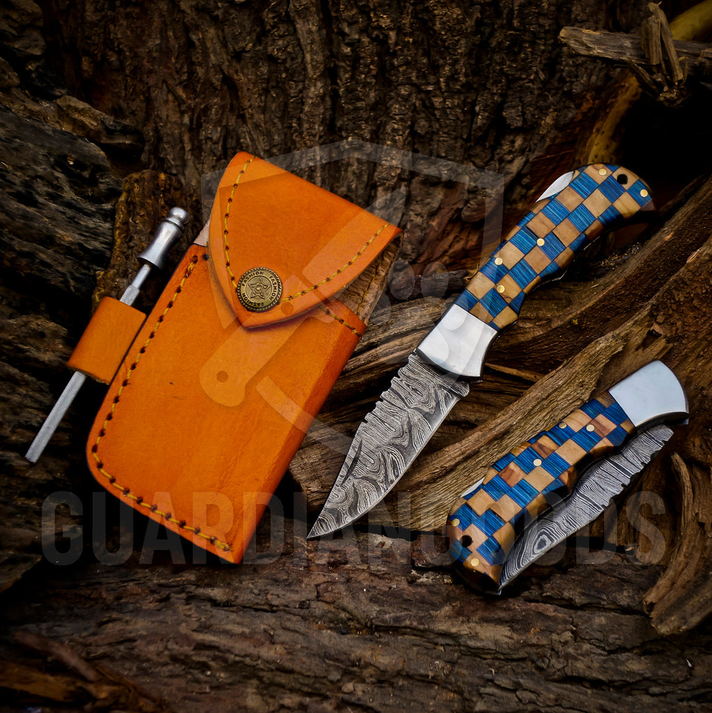 Personalized Handmade 6.75"Damascus Steel Pocket Knife, Folding EDC Hunting Knife, Wood Handle, Groomsmen Gift With Leather Sheath