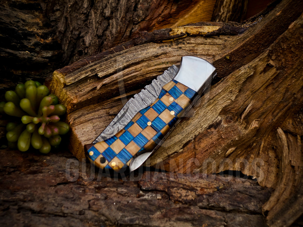 Personalized Handmade 6.75"Damascus Steel Pocket Knife, Folding EDC Hunting Knife, Wood Handle, Groomsmen Gift With Leather Sheath