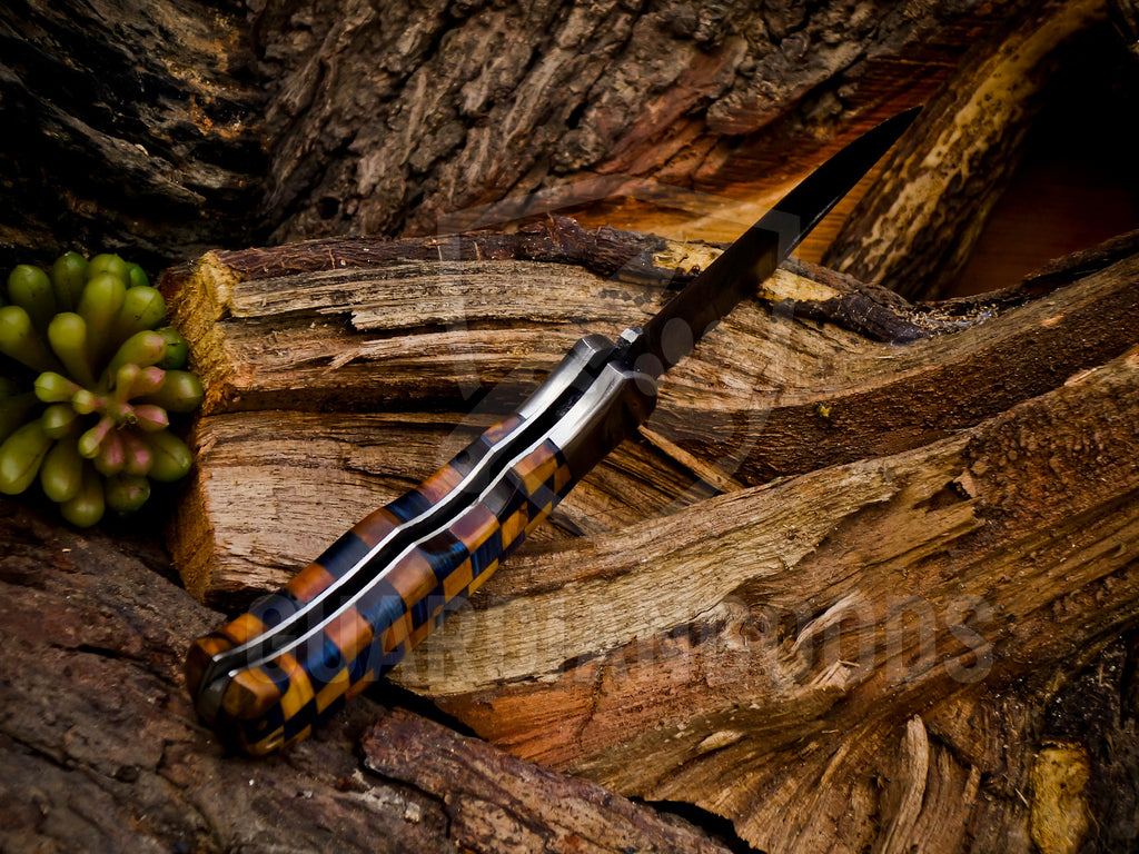 Personalized Handmade 6.75"Damascus Steel Pocket Knife, Folding EDC Hunting Knife, Wood Handle, Groomsmen Gift With Leather Sheath