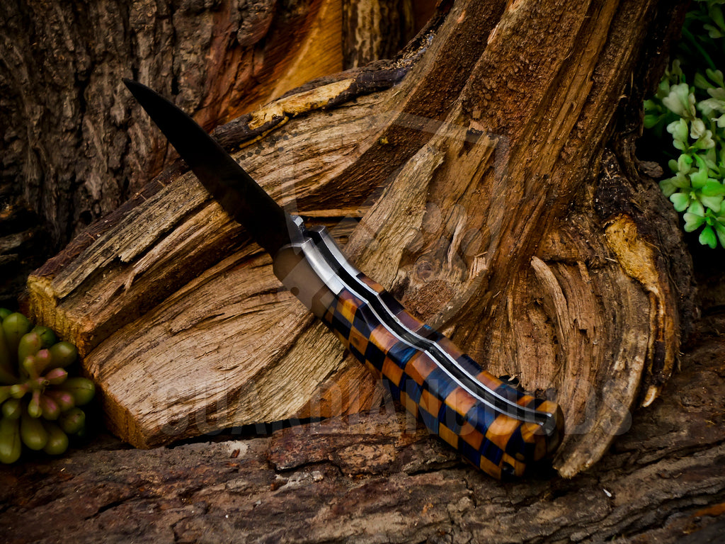 Personalized Handmade 6.75"Damascus Steel Pocket Knife, Folding EDC Hunting Knife, Wood Handle, Groomsmen Gift With Leather Sheath