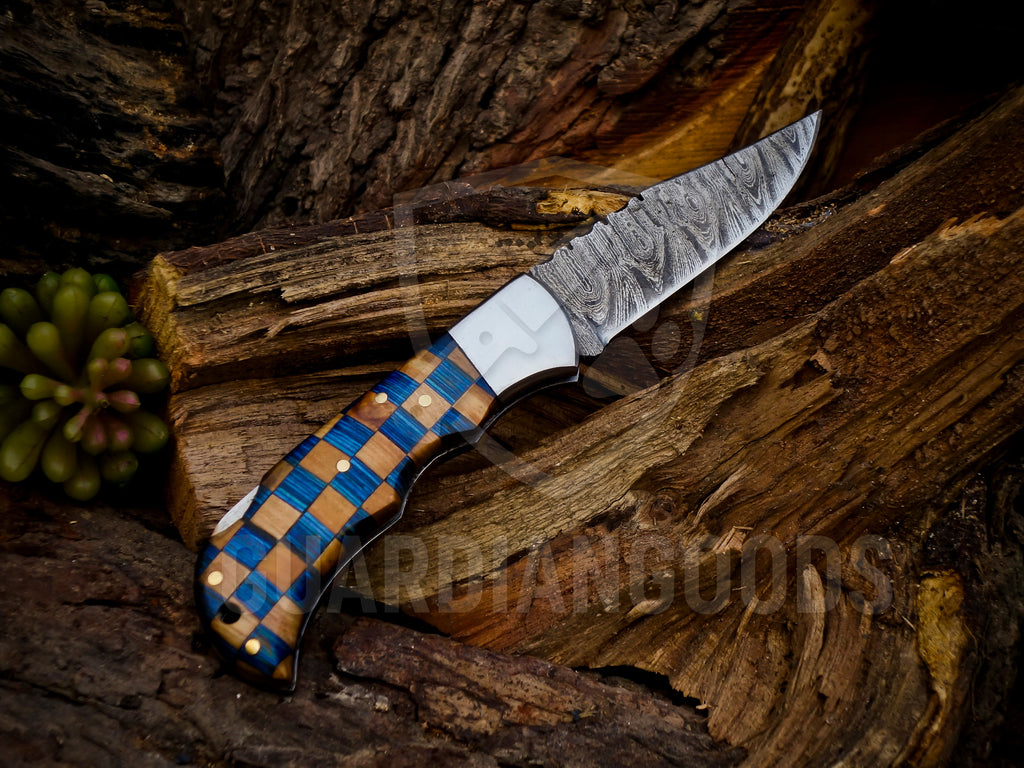 Personalized Handmade 6.75"Damascus Steel Pocket Knife, Folding EDC Hunting Knife, Wood Handle, Groomsmen Gift With Leather Sheath